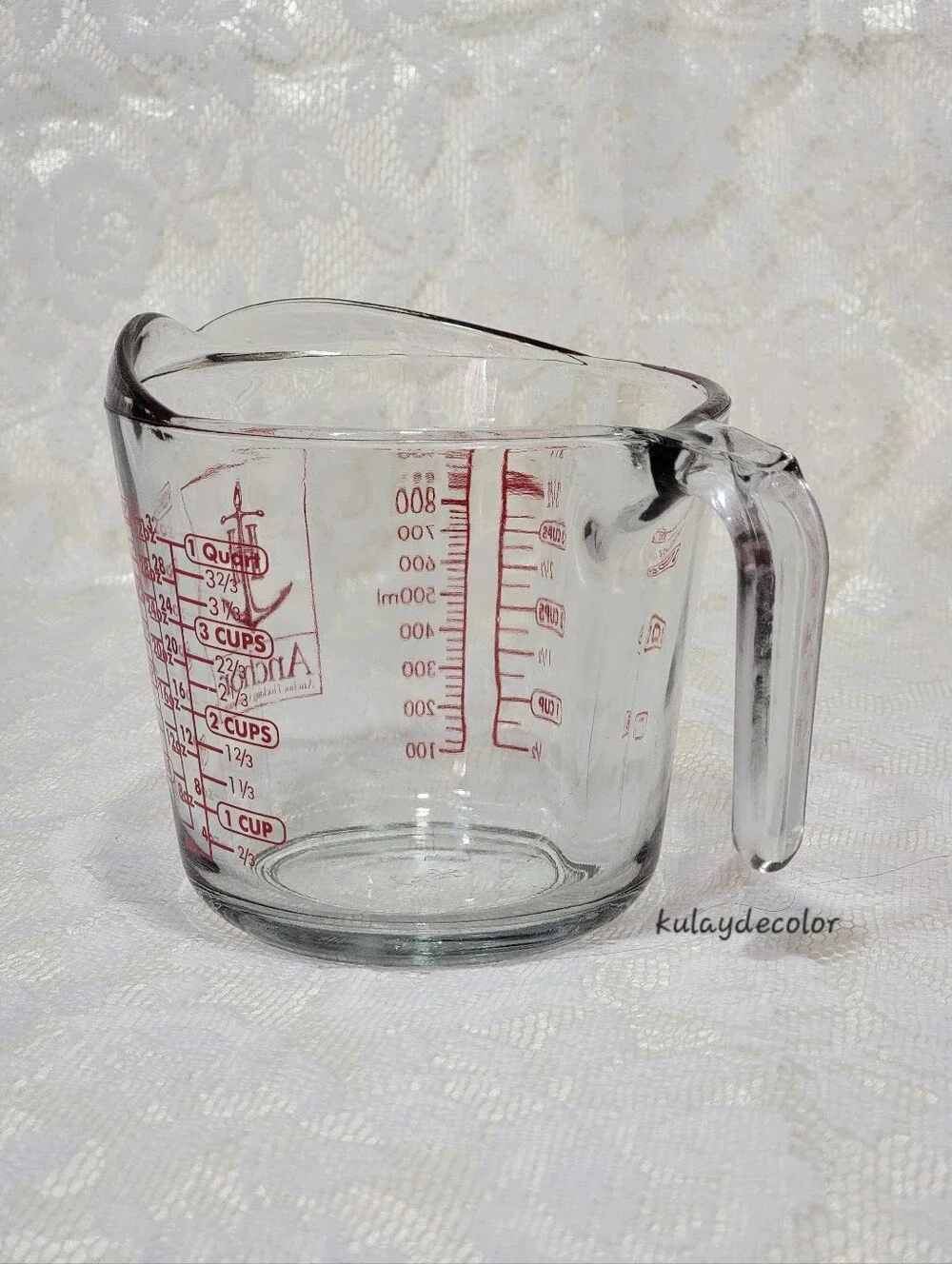 Anchor Hocking 4 Cup 1 Quart Glass Measuring Cup Red Lettering 32 oz 1 Liter